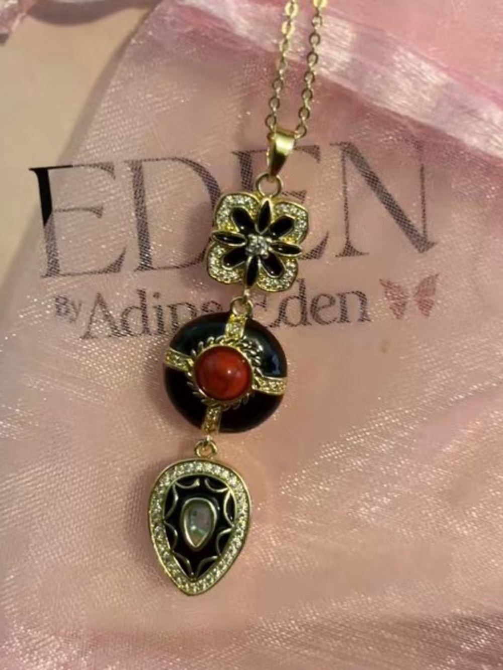 Adina Eden Gold-Tone Black and Red Floral Drop Pendant Necklace